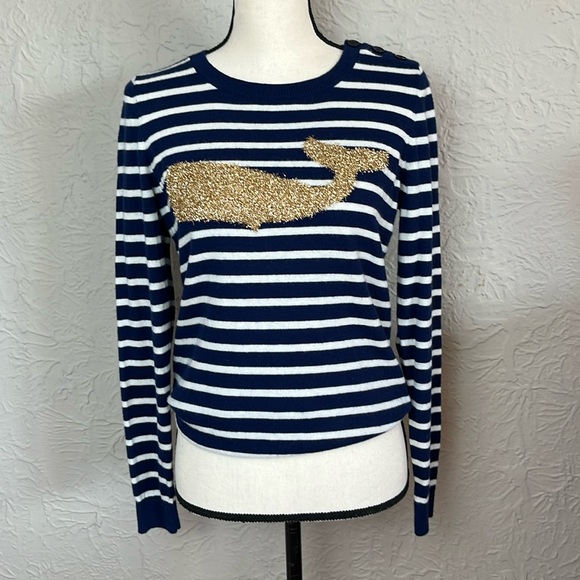 Talbots Gold Tinsel Whale Blue Striped Pullover Sweater - Picture 2 of 9